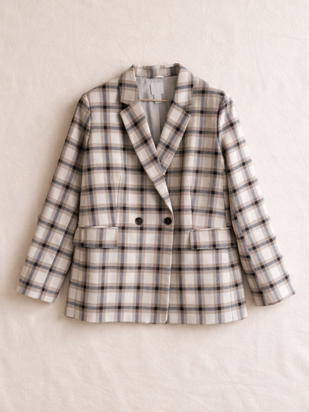 H&M Cream Plaid Double-Breasted Blazer